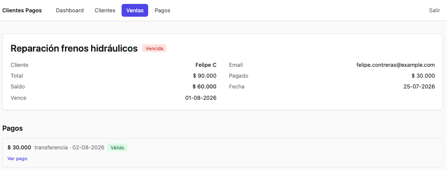 Detalle de una venta marcada como vencida, con los datos del cliente, el total, lo pagado, el saldo y la fecha de vencimiento, y debajo el pago parcial ya registrado.